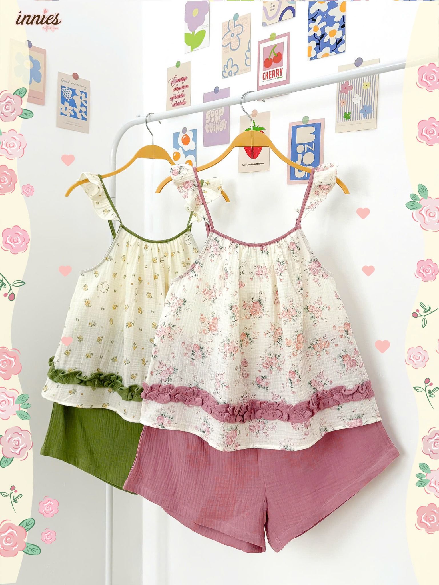 Bộ muslin 2 dây cánh tiên viền bèo nữ Innies - IN-24BONU004