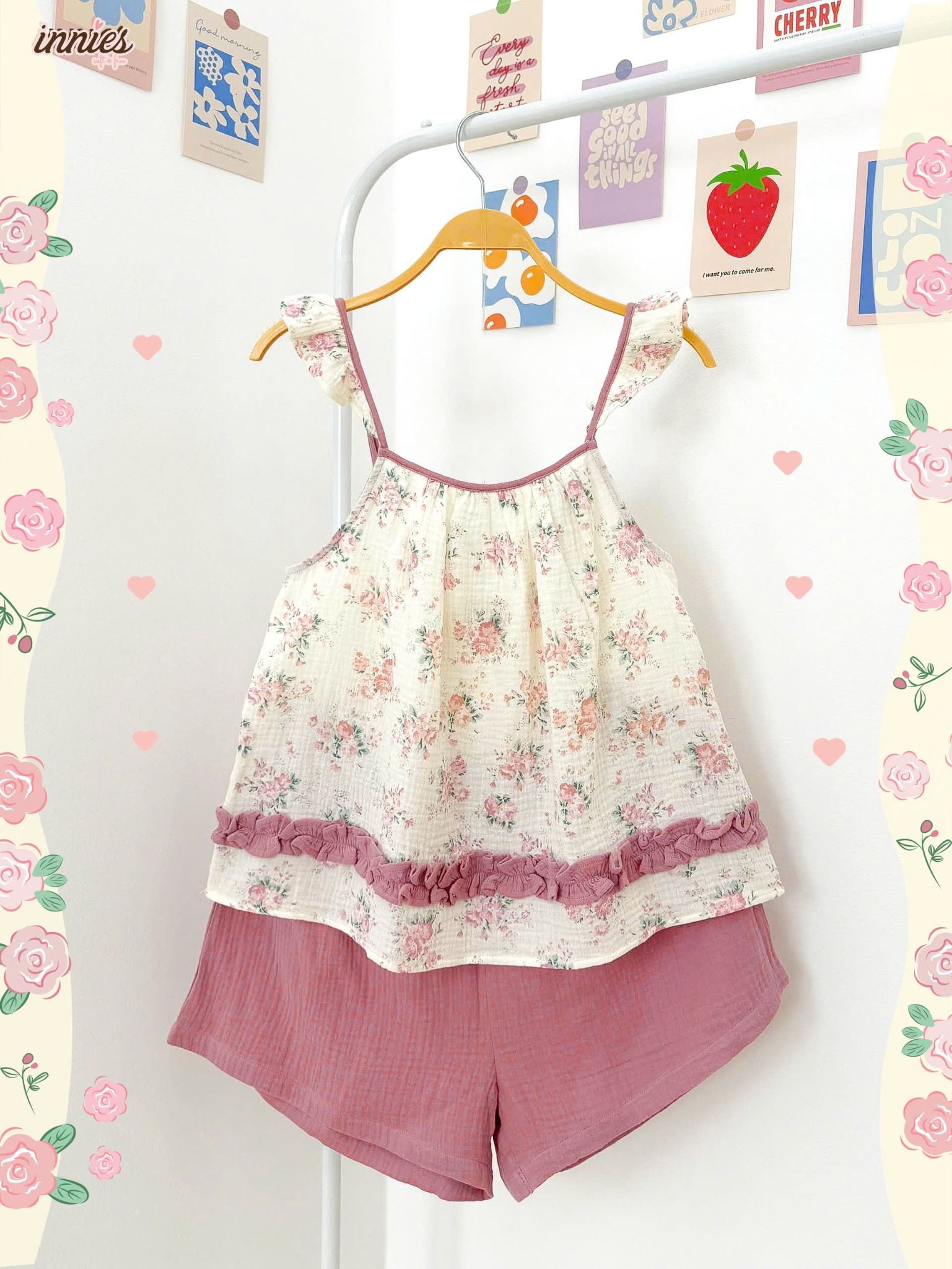 Bộ muslin 2 dây cánh tiên viền bèo nữ Innies - IN-24BONU004