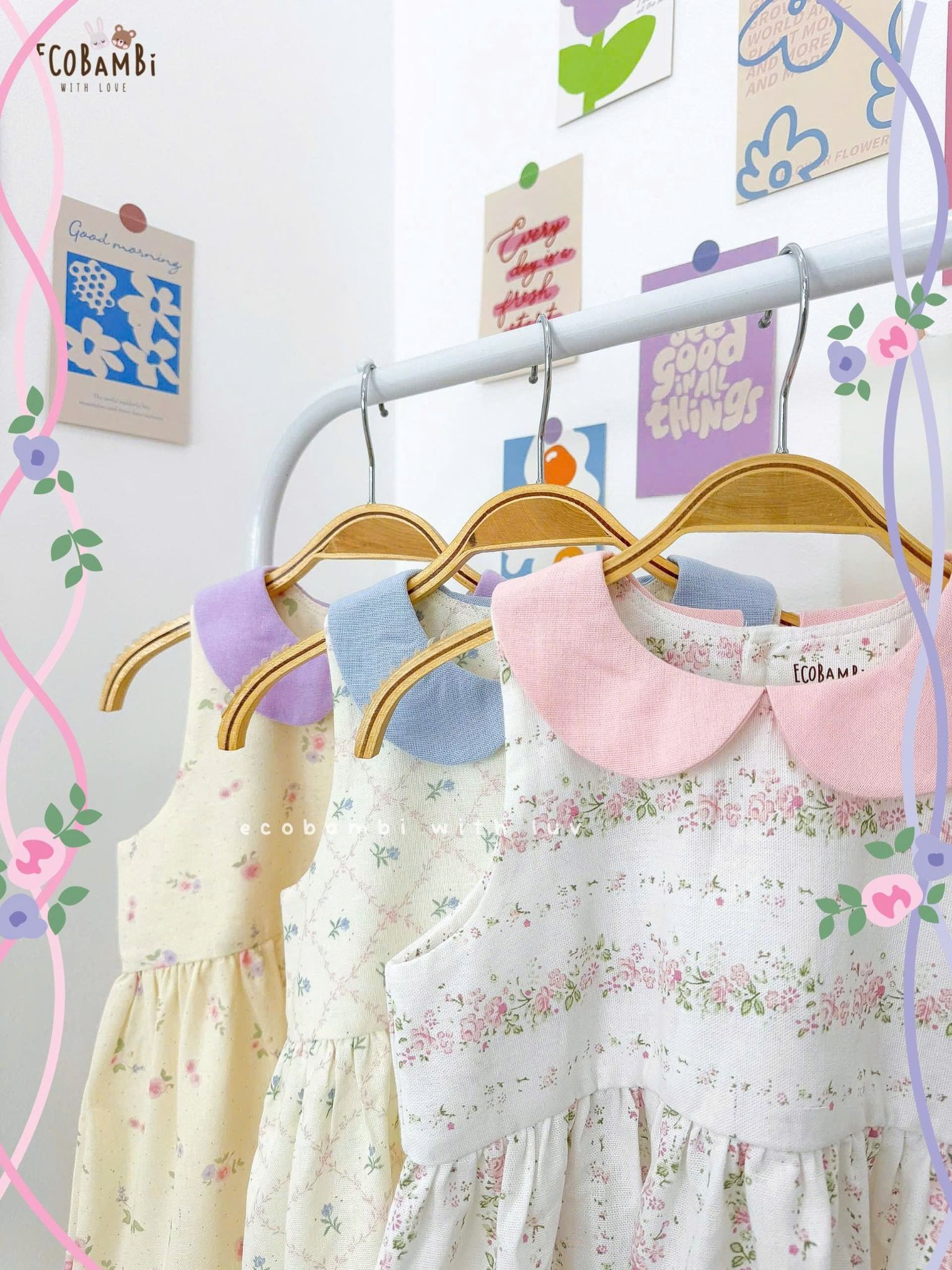 Đầm linen hoa nhí cổ lá sen phối màu bé gái ECOBAMBI - 8935334001664