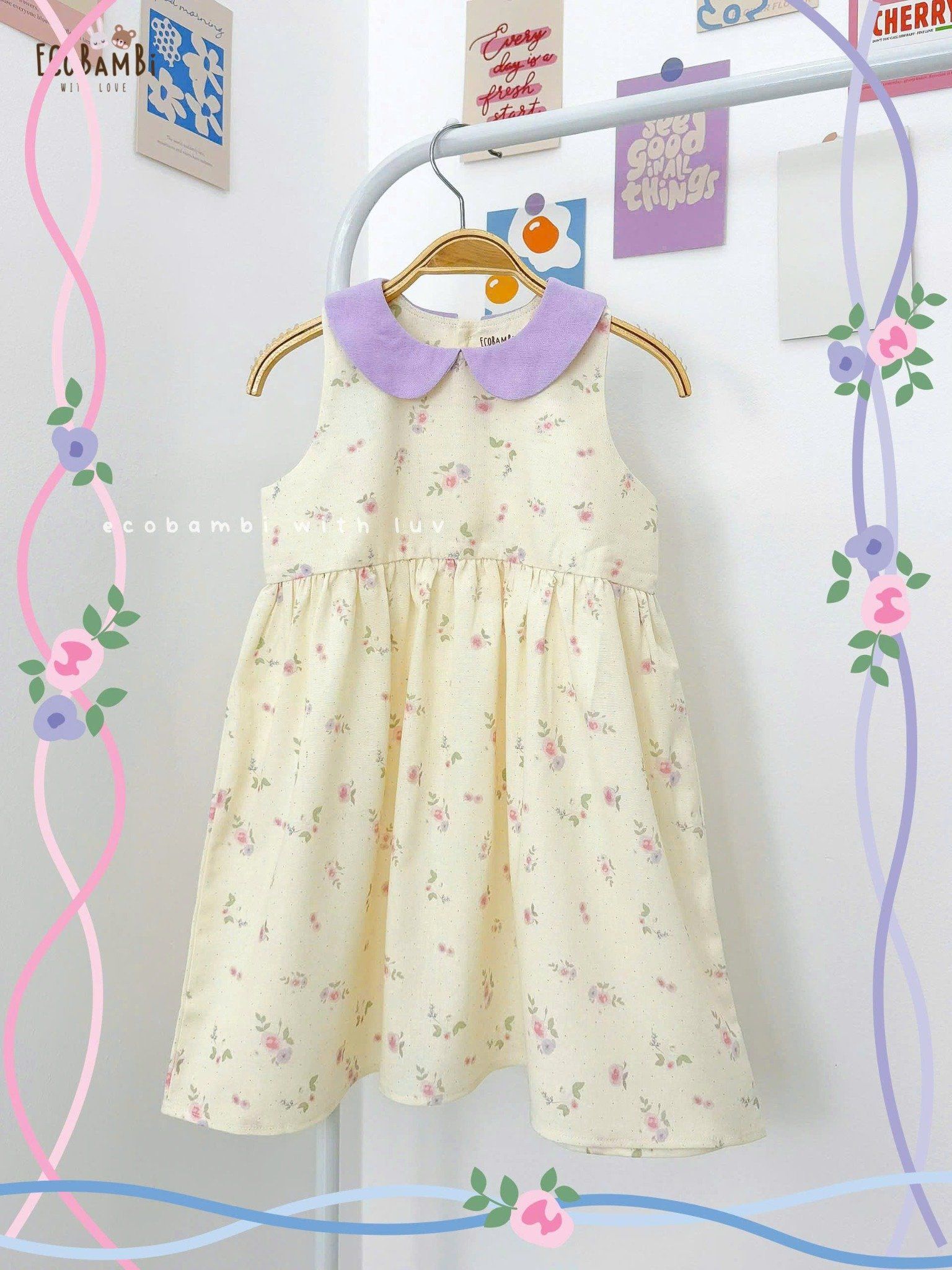 Đầm linen hoa nhí cổ lá sen phối màu bé gái ECOBAMBI - 8935334001664