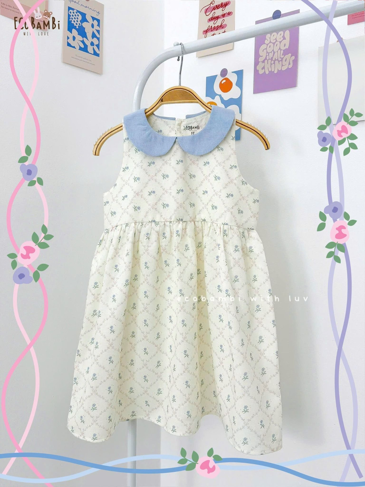 Đầm linen hoa nhí cổ lá sen phối màu bé gái ECOBAMBI - 8935334001664