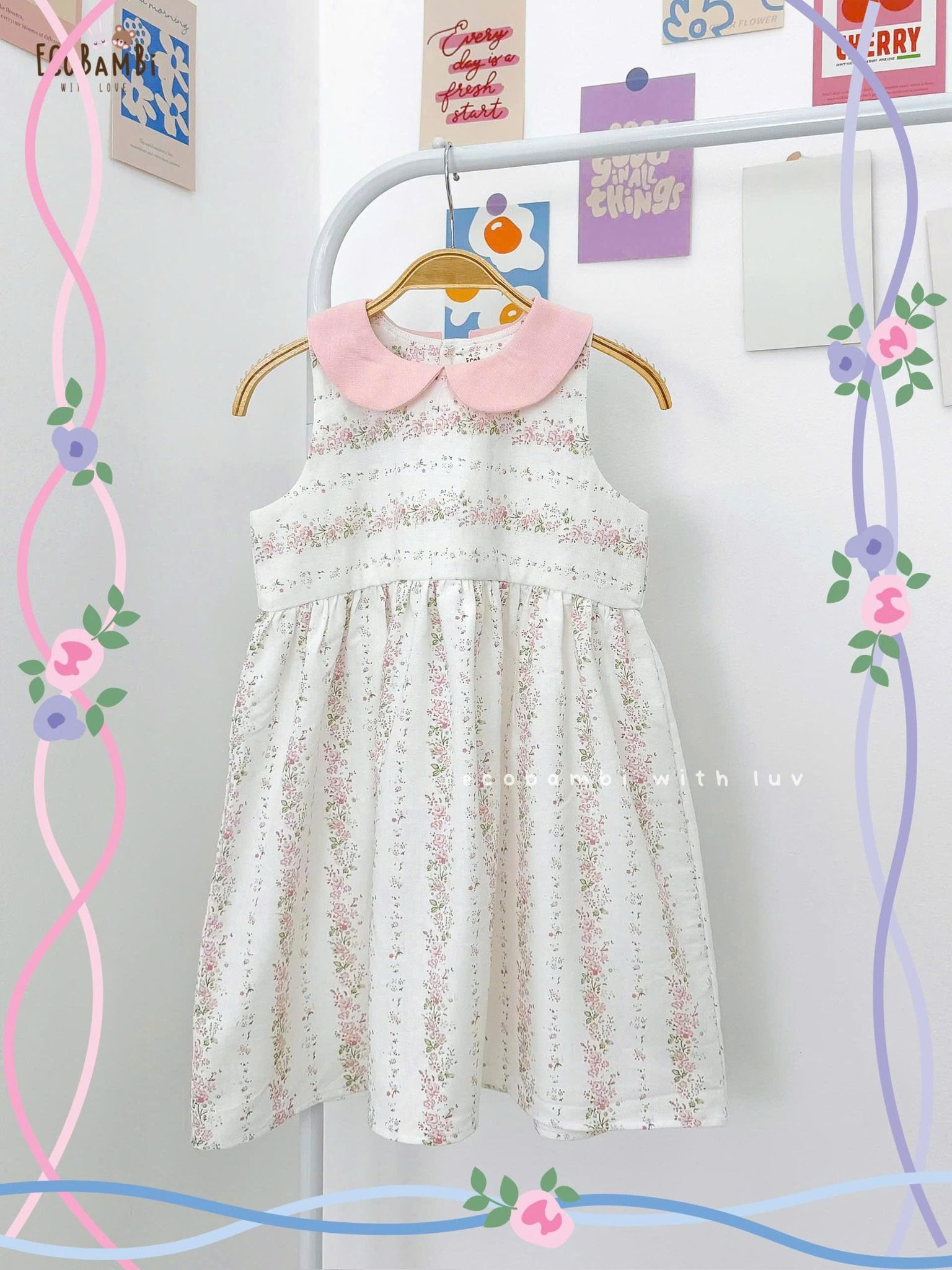 Đầm linen hoa nhí cổ lá sen phối màu bé gái ECOBAMBI - 8935334001664
