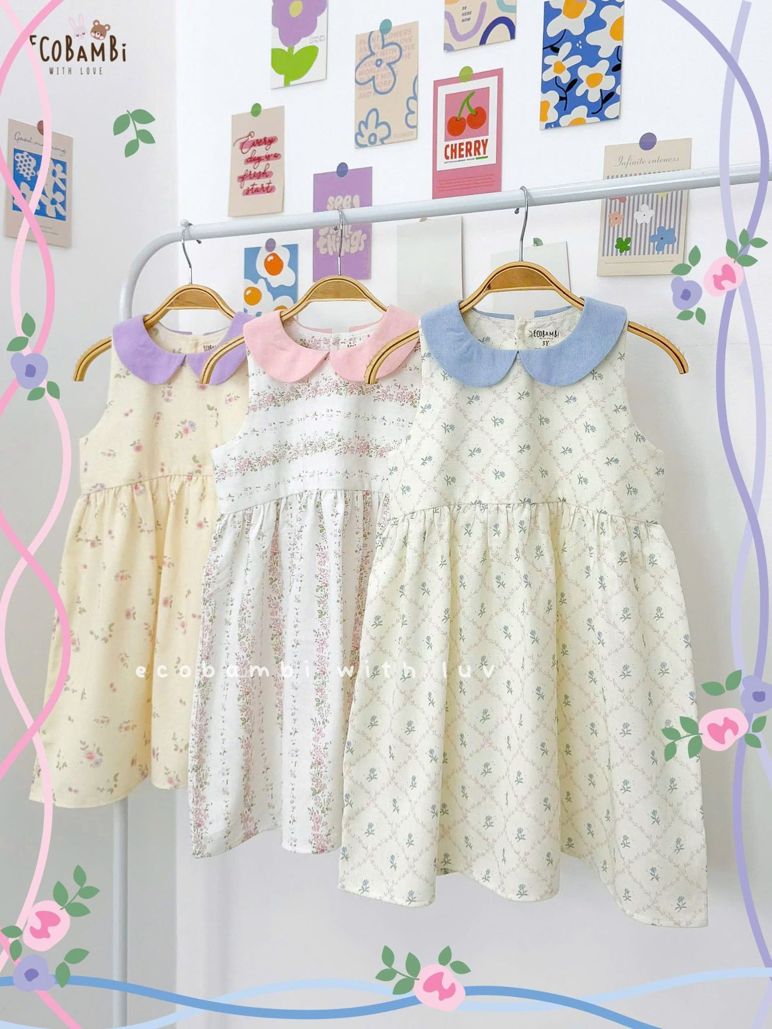 Đầm linen hoa nhí cổ lá sen phối màu bé gái ECOBAMBI - 8935334001664