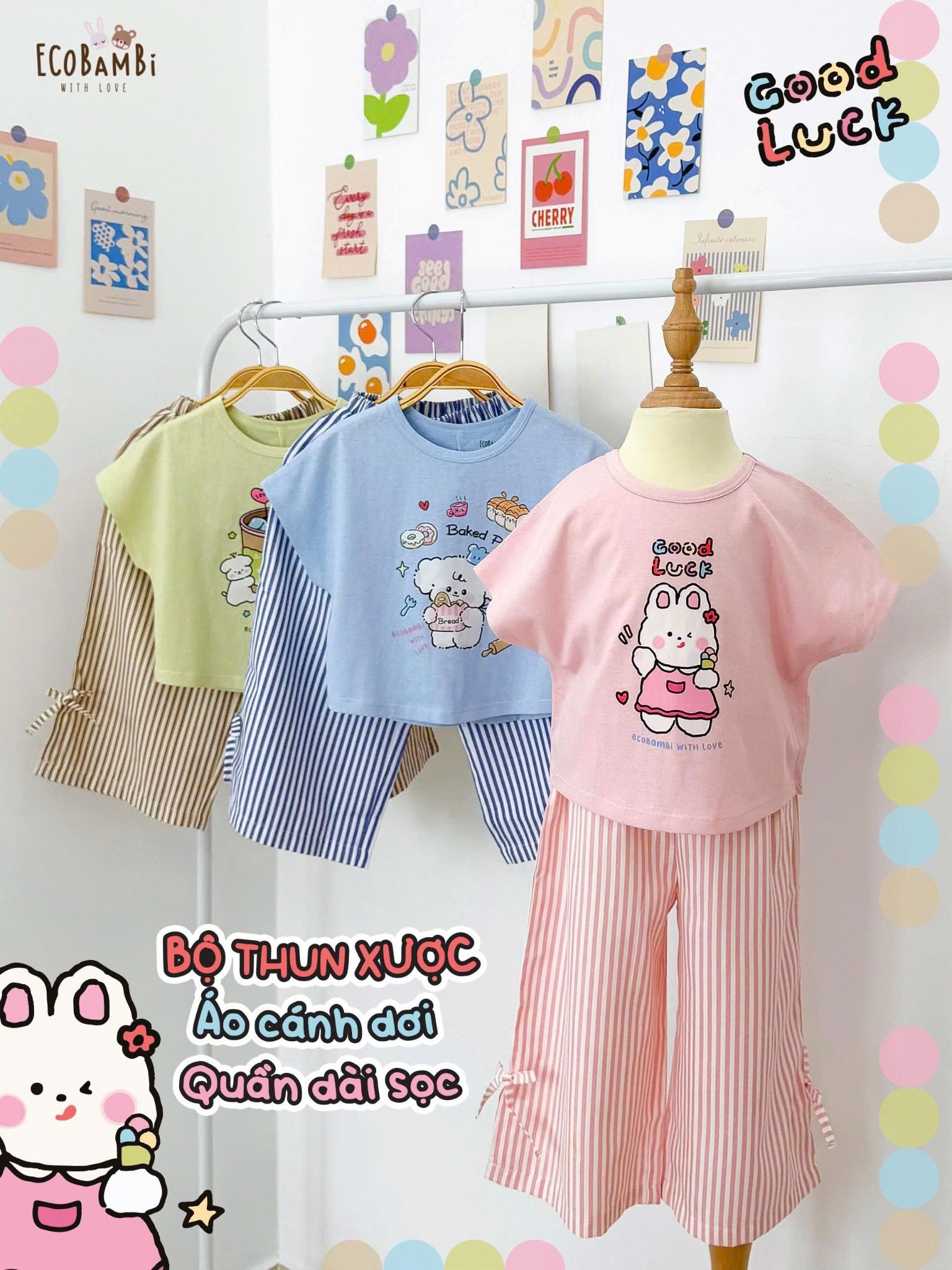 Bộ thun xược áo cánh dơi - quẩn sọc lửng thắt nơ bé gái ECOBAMBI - 8935334001961