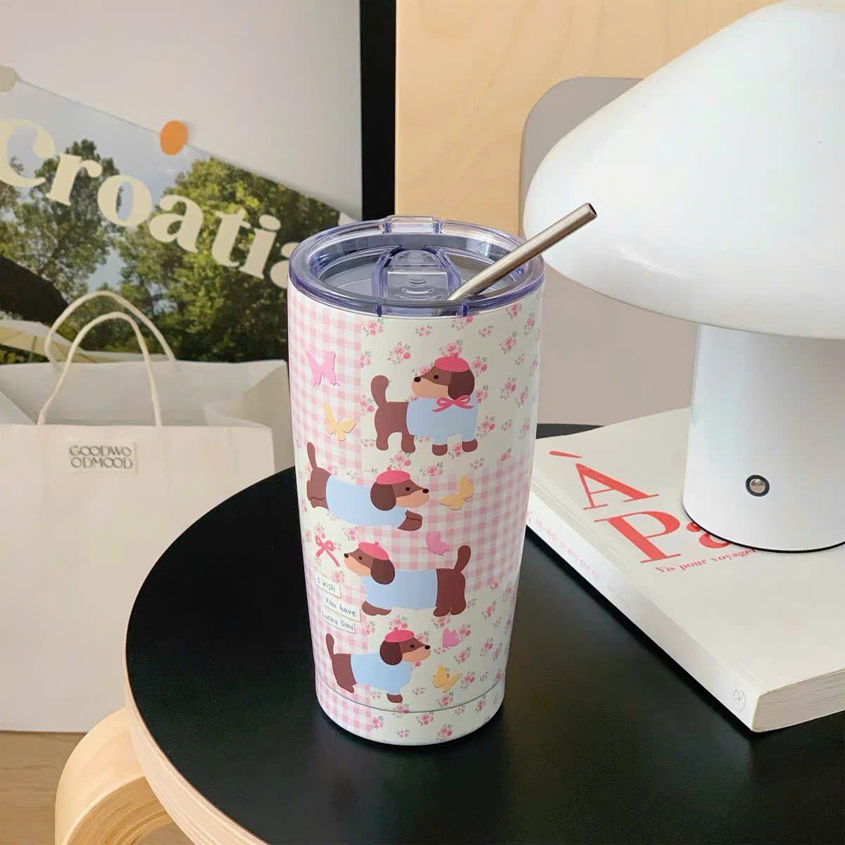 Cốc Giữ Nhiệt Cún Nơ Hồng