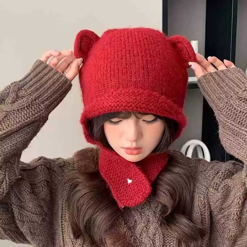 Mũ Len Dệt Kim Tai Gấu Màu Đỏ