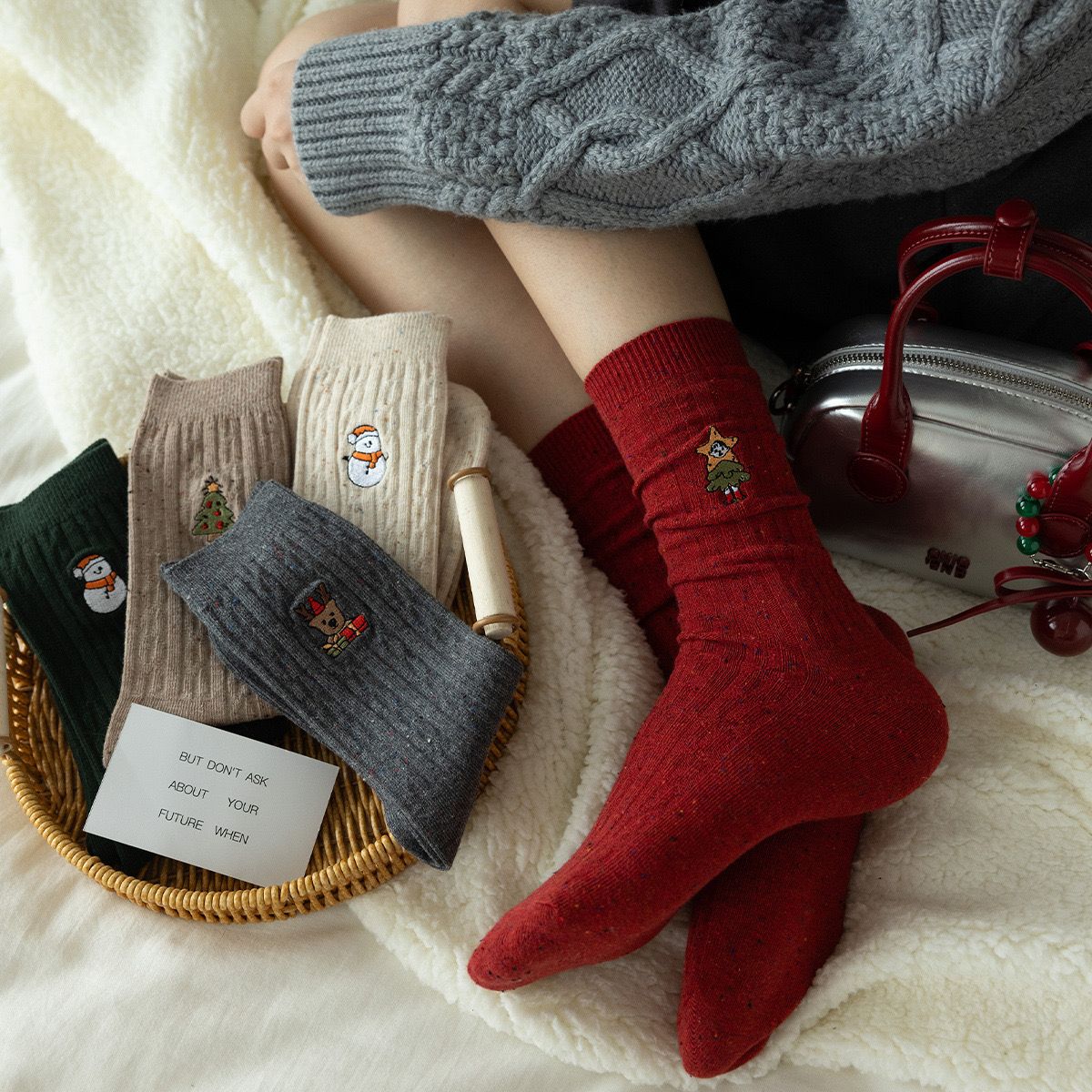 Tất Cotton Thêu Xmas