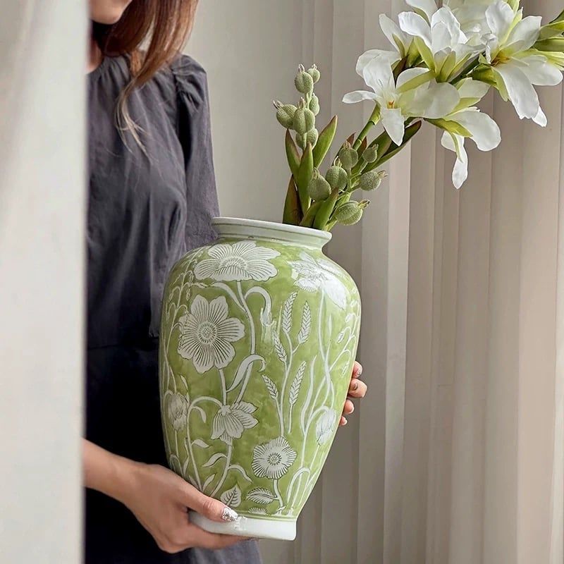 Bình Hoa Thủ Công Cổ Điển Xanh Cốm