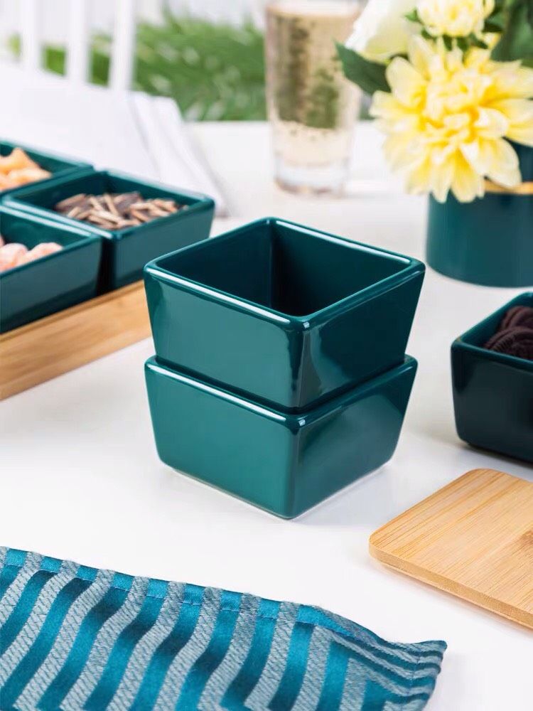 Khay Mứt Gốm Nắp Tre 6 Ngăn