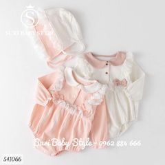 Bodysuit cổ bèo ren nơ kèm mũ