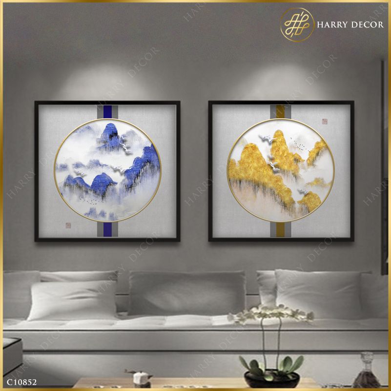 Bộ 2 Tranh Vuông Núi Vàng Núi Xanh Mây Trắng C10852