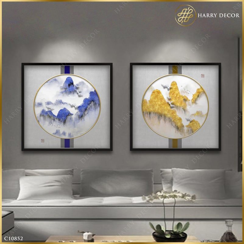 Bộ 2 Tranh Vuông Núi Vàng Núi Xanh Mây Trắng C10852