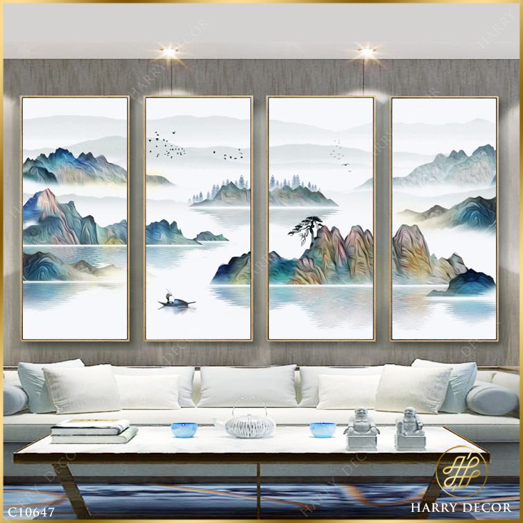Bộ 4 Tranh Mái Chèo Qua Núi Nhấp Nhô C10647