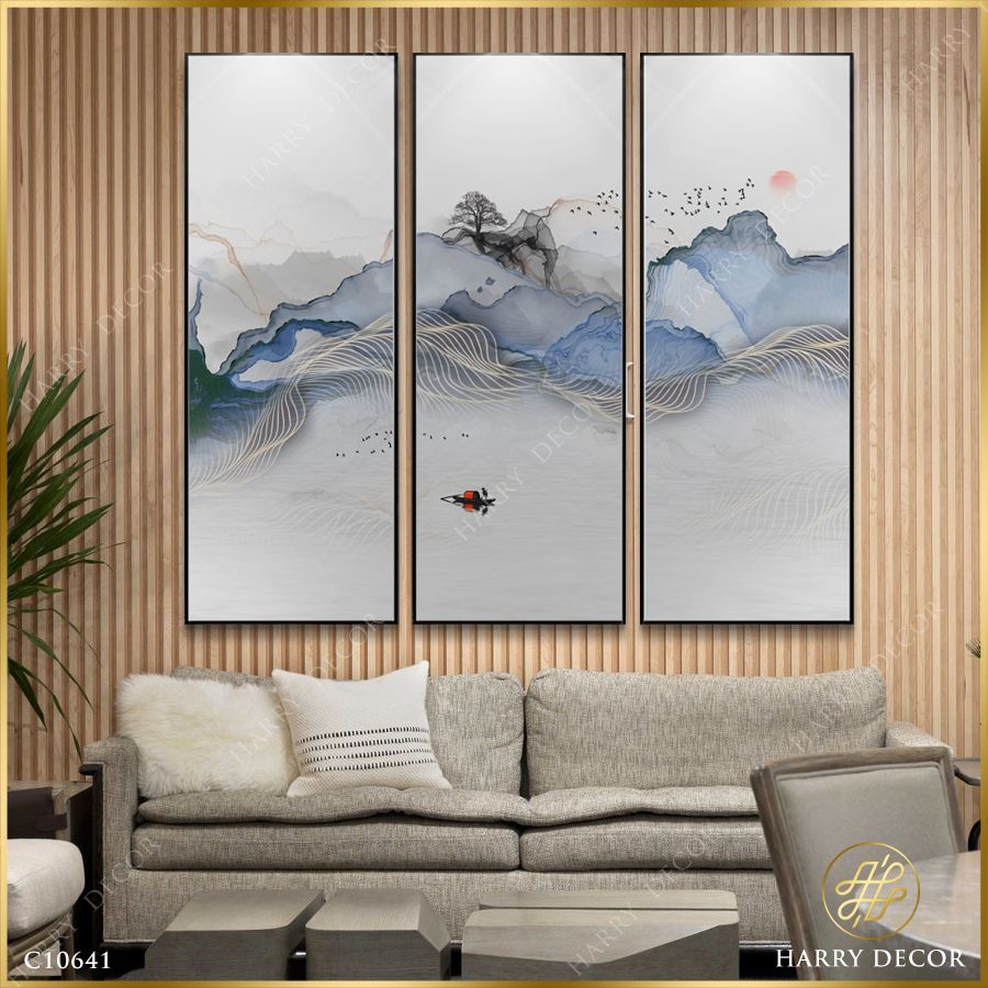 Bộ 3 Tranh Mái Chèo Qua Sông Sương Khói C10641