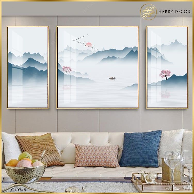 Bộ 3 Tranh Sương Trắng Phủ Núi Xanh Sớm Mai C10748
