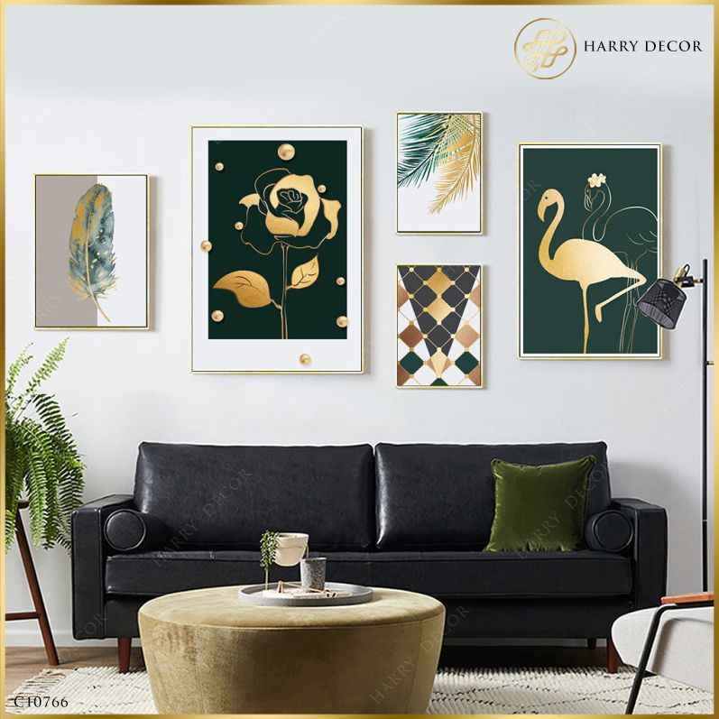 Bộ 5 Tranh Hoa Hồng Lông Vũ & Hạc Vàng C10766
