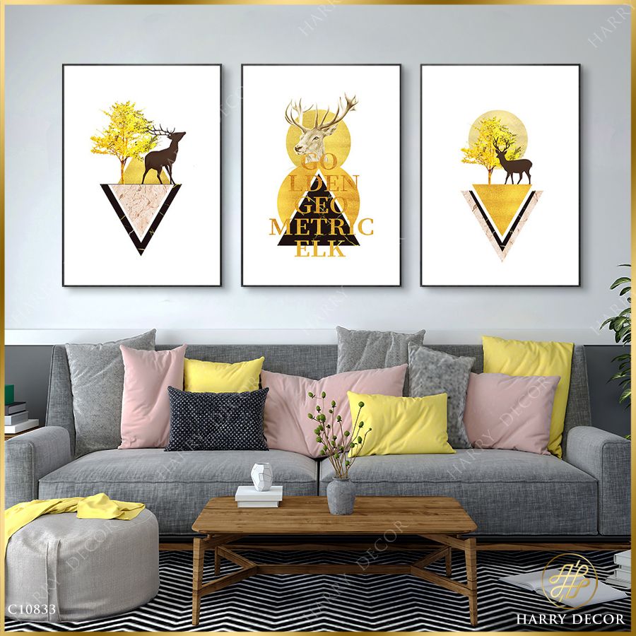 Bộ 3 Tranh Golden Geometric Elk C10833