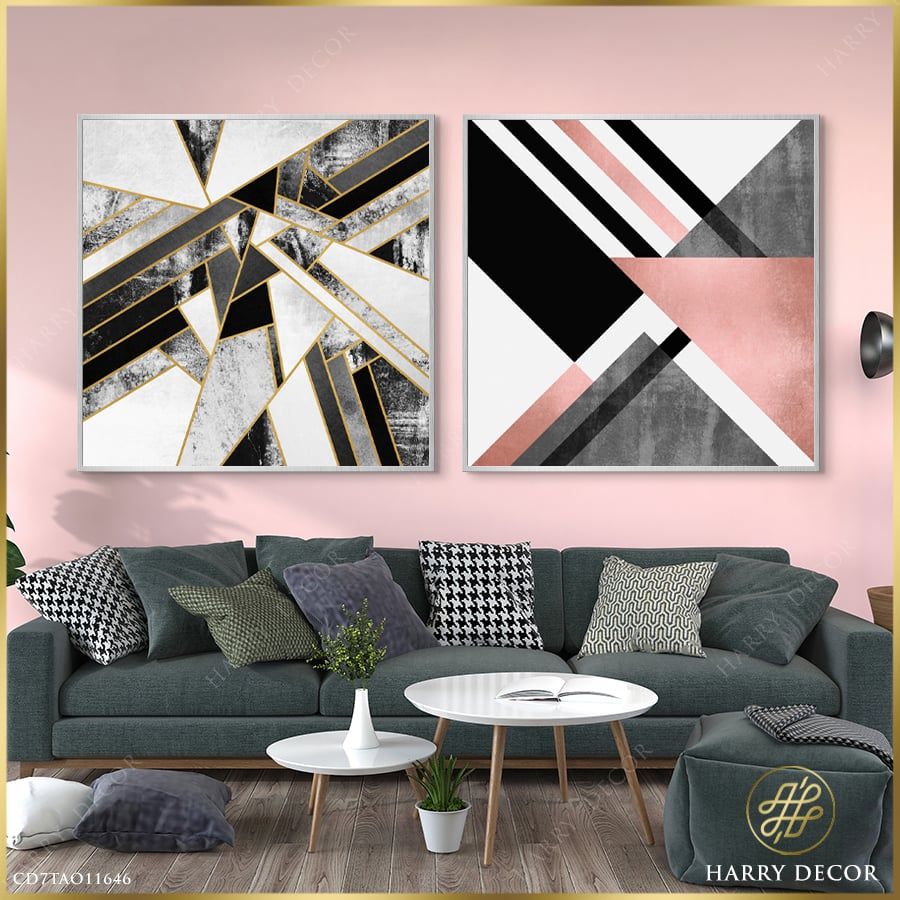 Bộ 2 Tranh Vuông Abstract Geometric Gray & Pink CD7TAO11646