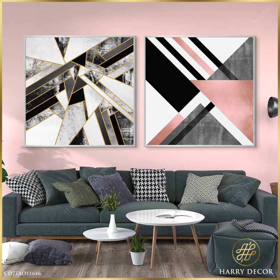 Bộ 2 Tranh Vuông Abstract Geometric Gray & Pink CD7TAO11646