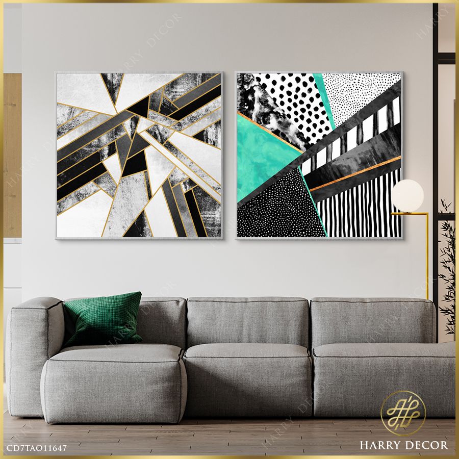Bộ 2 Tranh Vuông Abstract Geometric Gray & Turquoise CD7TAO11647