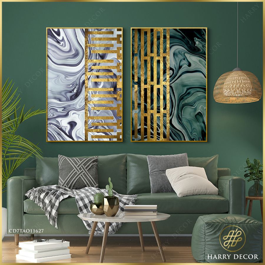 Bộ 2 Tranh Abstract Geometric Gray & Green 1 CD7TAO11627