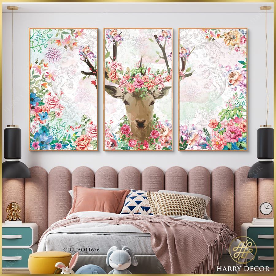 Bộ 3 Tranh Floral Deer CD7TAO11676