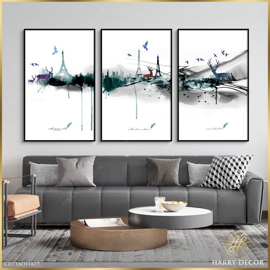 Bộ 3 Tranh Abstract Deers & City CD7TAO11677