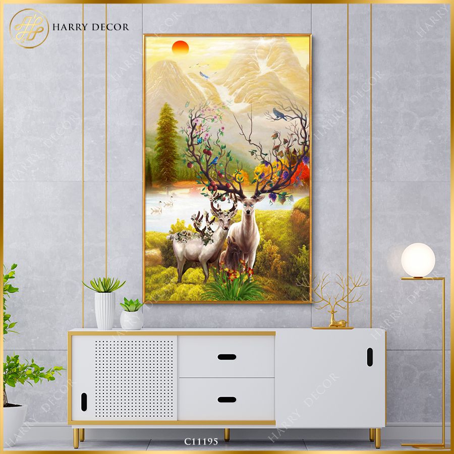 Tranh Nhà Hươu Bên Hồ Sinh Động C11195