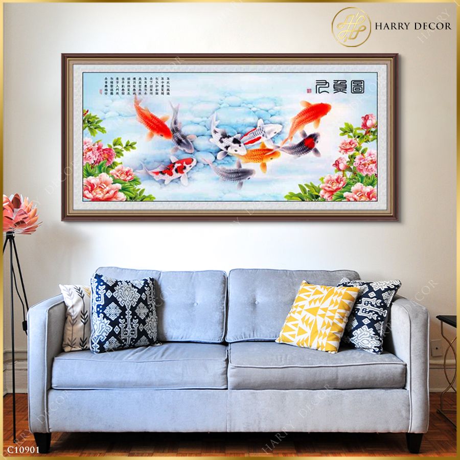 Tranh Đàn Cá Bên Hoa Mẫu Đơn Sinh Động 10901