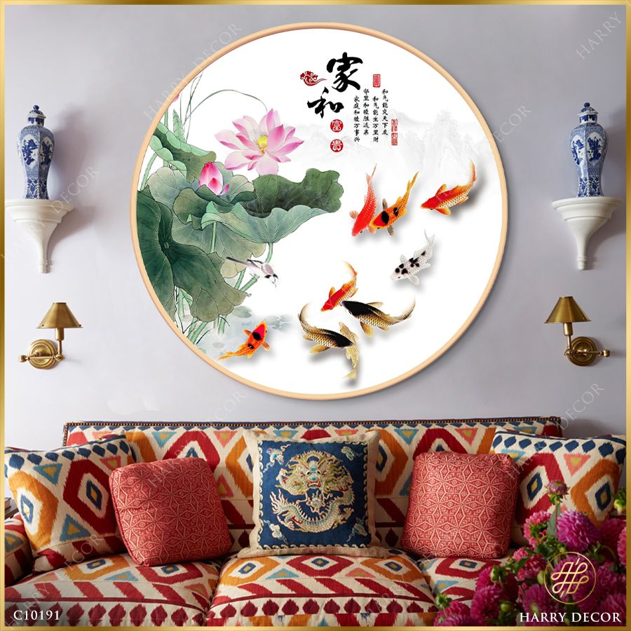 Tranh Tròn Đàn Cá Koi Hoa Sen C10191