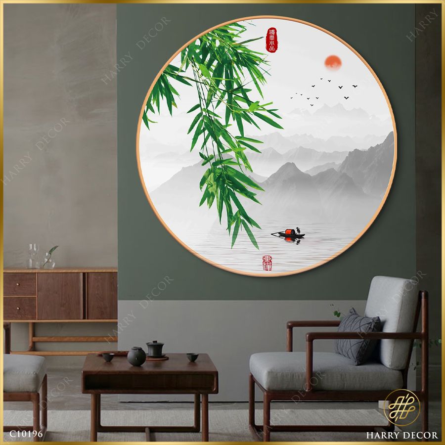 Tranh Tròn Nhánh Trúc Xanh Mướt Bên Sông C10196