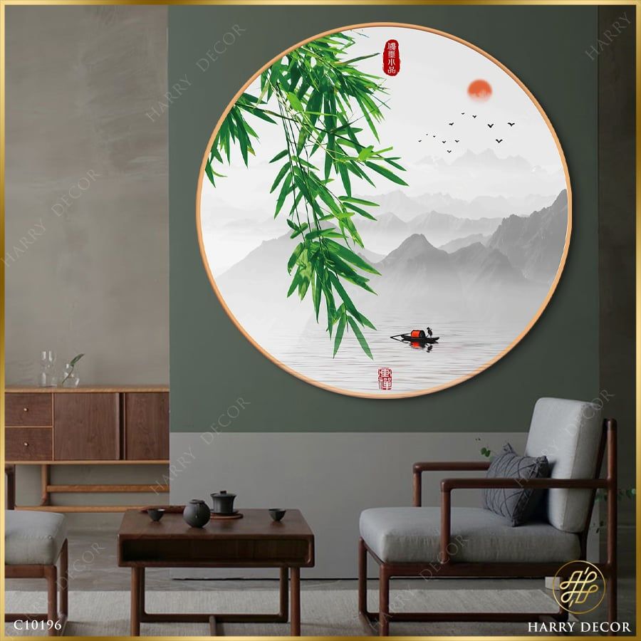 Tranh Tròn Nhánh Trúc Xanh Mướt Bên Sông C10196