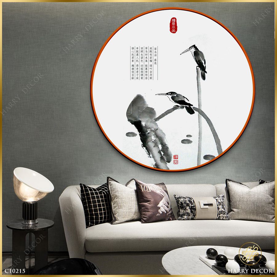 Tranh Tròn Đôi Chú Chim Trên Cành Sen Cong C10215