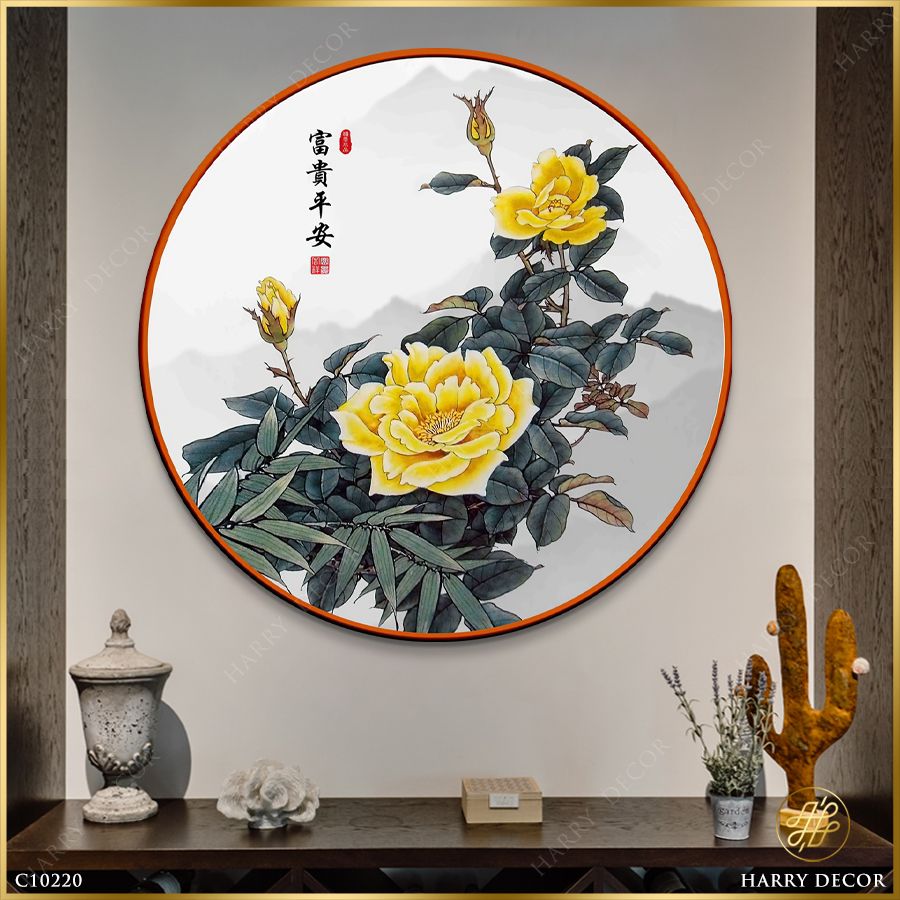 Tranh Tròn Vàng Vàng Cánh Mẫu Đơn Hoa C10220
