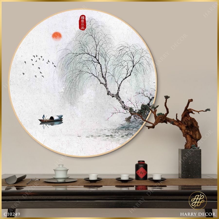 Tranh Tròn Liễu Xanh Rũ Xuống Bên Hồ C10249
