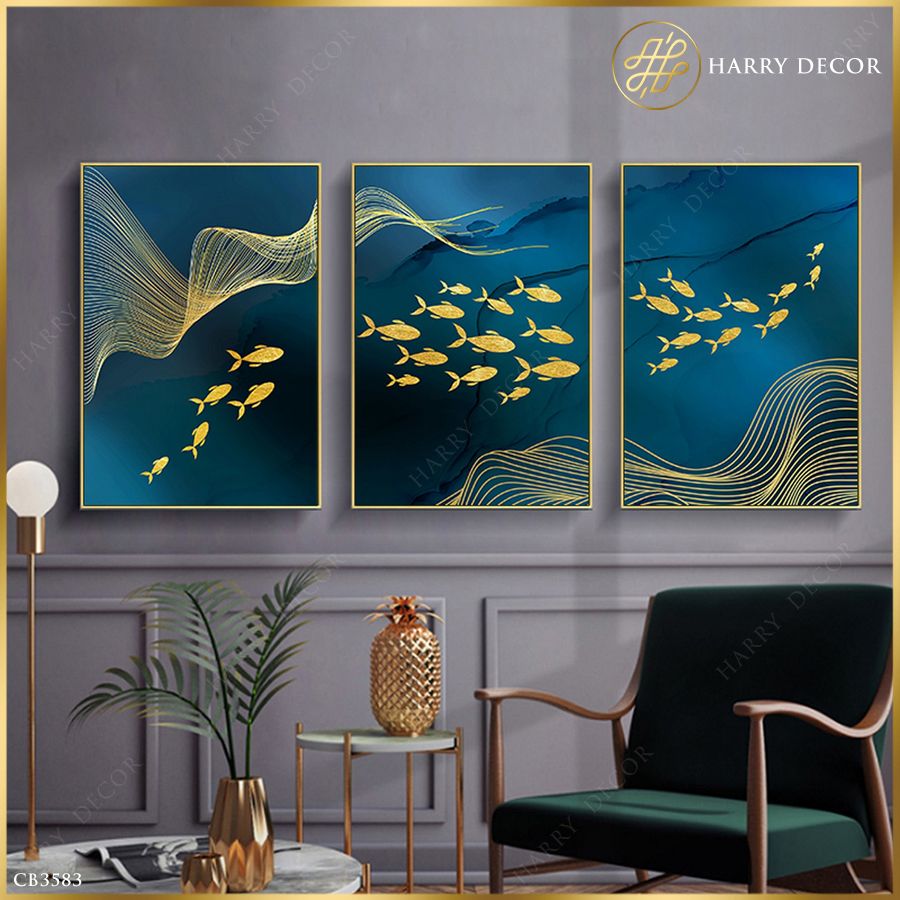 Bộ 3 Tranh Đàn Cá Vàng Len Lỏi Qua Dòng Nước Xanh CB3583