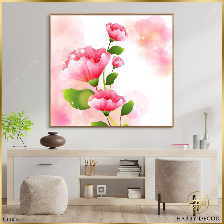 Tranh Vuông Hồng Hồng Cánh Hoa Lá Xanh C11032