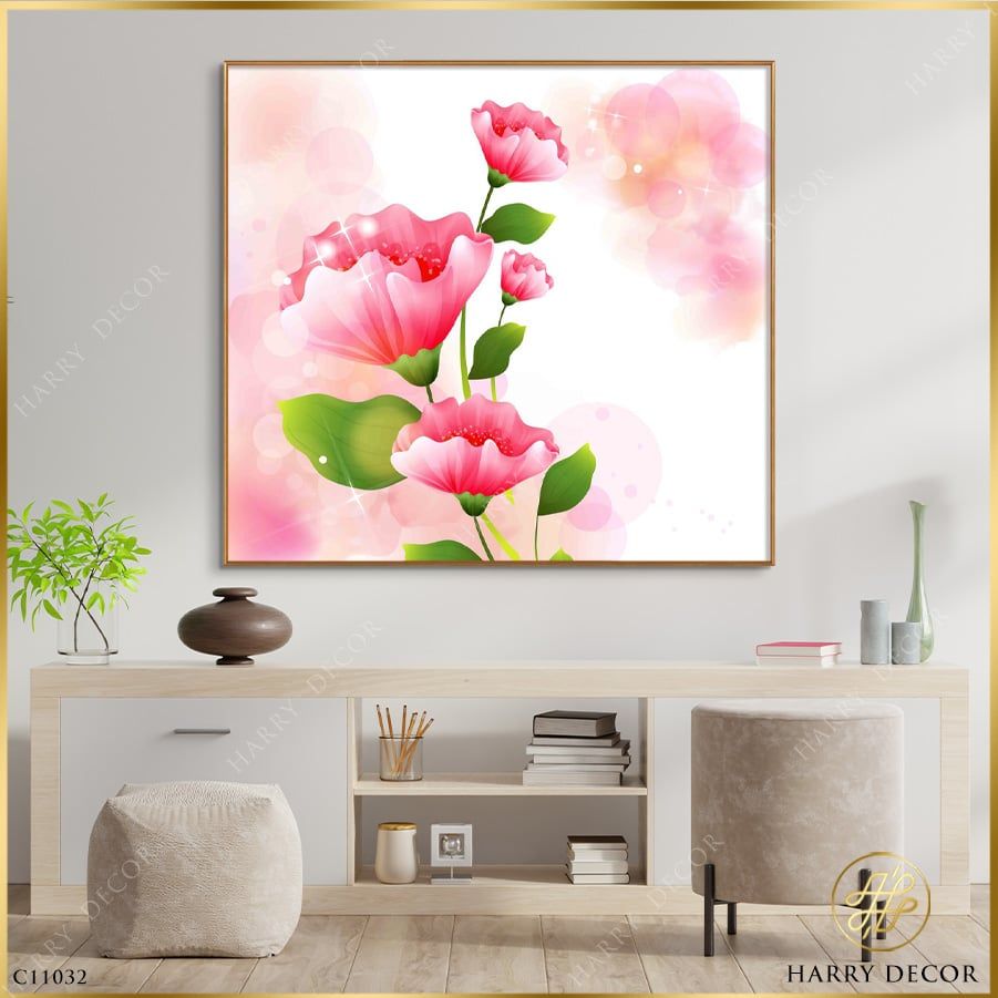 Tranh Vuông Hồng Hồng Cánh Hoa Lá Xanh C11032