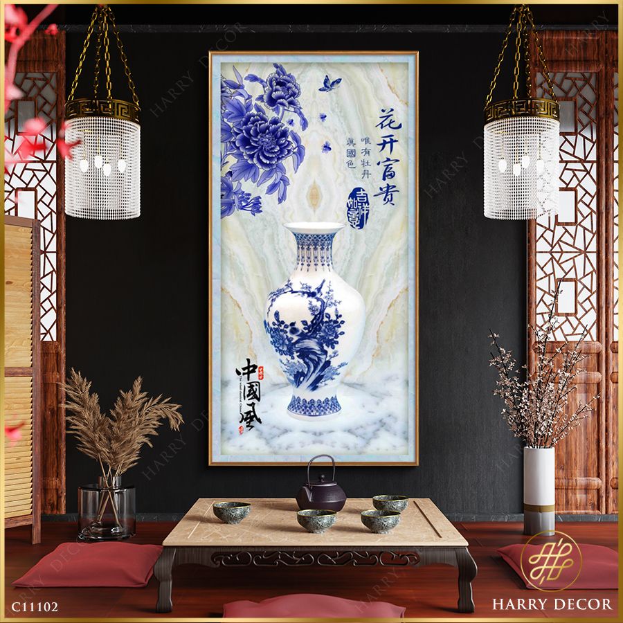 Tranh Bình Sứ Trắng Hoa Xanh C11102