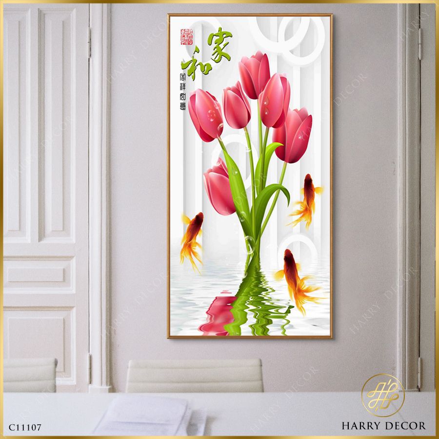 Tranh Bó Hoa Tulip Và Ba Chú Cá C11107