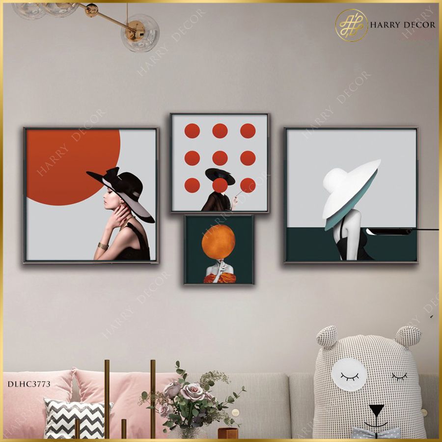 Bộ 4 Tranh Vuông Cô Gái Đội Mũ Thời Thượng DLHC3773