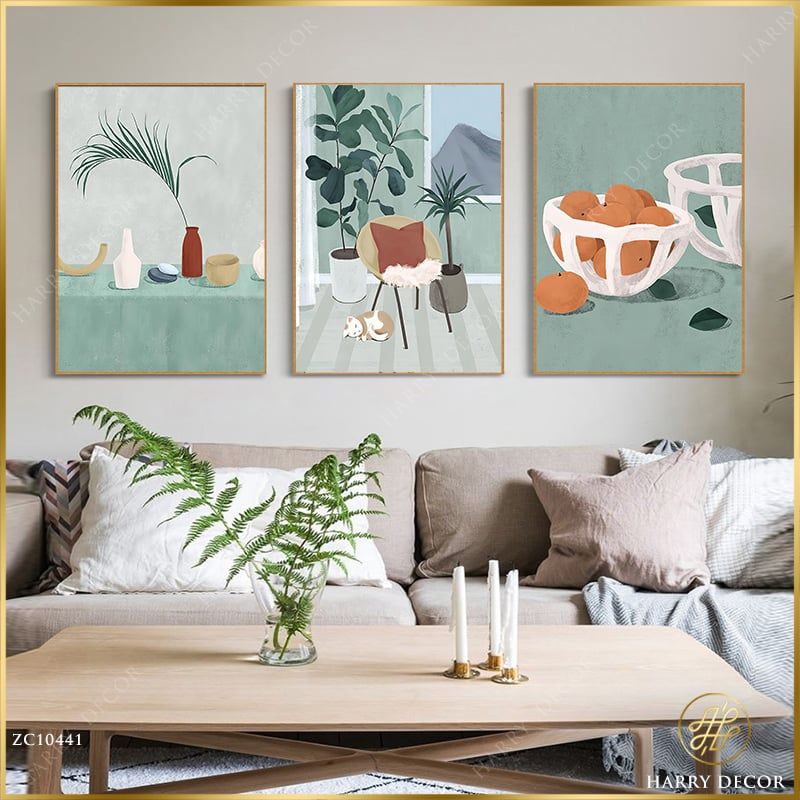 Bộ 3 Tranh Minimalism Meo Meo Và Bàn Ăn ZC10441