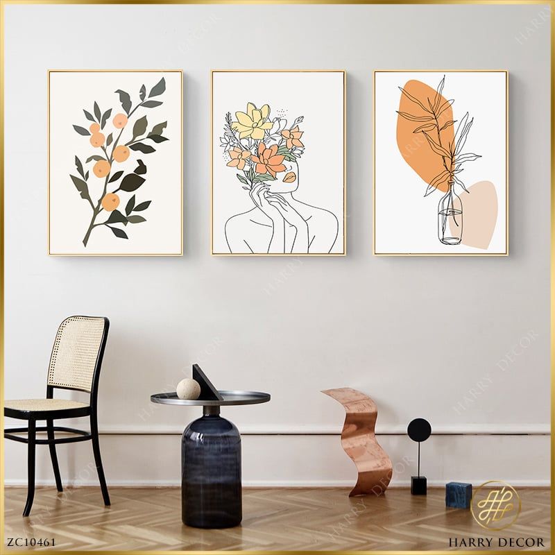 Bộ 3 Tranh Minimalism Cô Gái Và Hoa Lá ZC10461