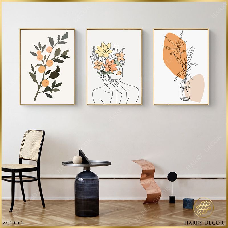 Bộ 3 Tranh Minimalism Cô Gái Và Hoa Lá ZC10461