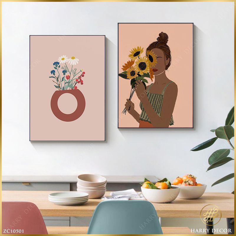 Bộ 2 Tranh Minimalism Cô Gái Và Lọ Hoa ZC10501