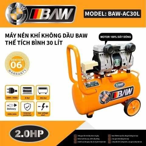 Máy Nén Khí BAW -AC30L - 30L - 2HP (Không Dầu) - 2 VÒI - Tặng súng dây