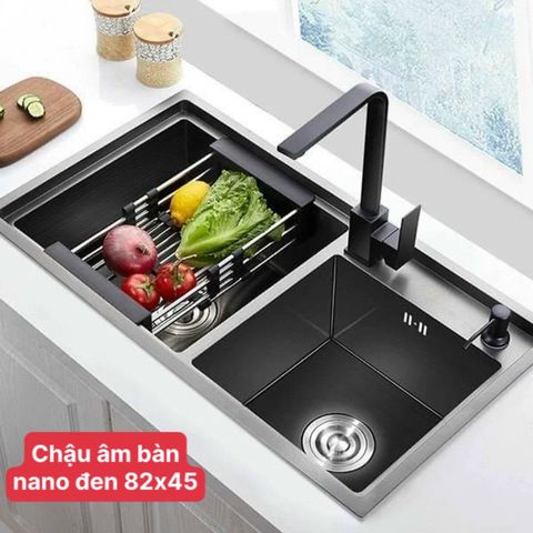 Chậu rửa bát âm bàn nano đen kt 82x45 lệch