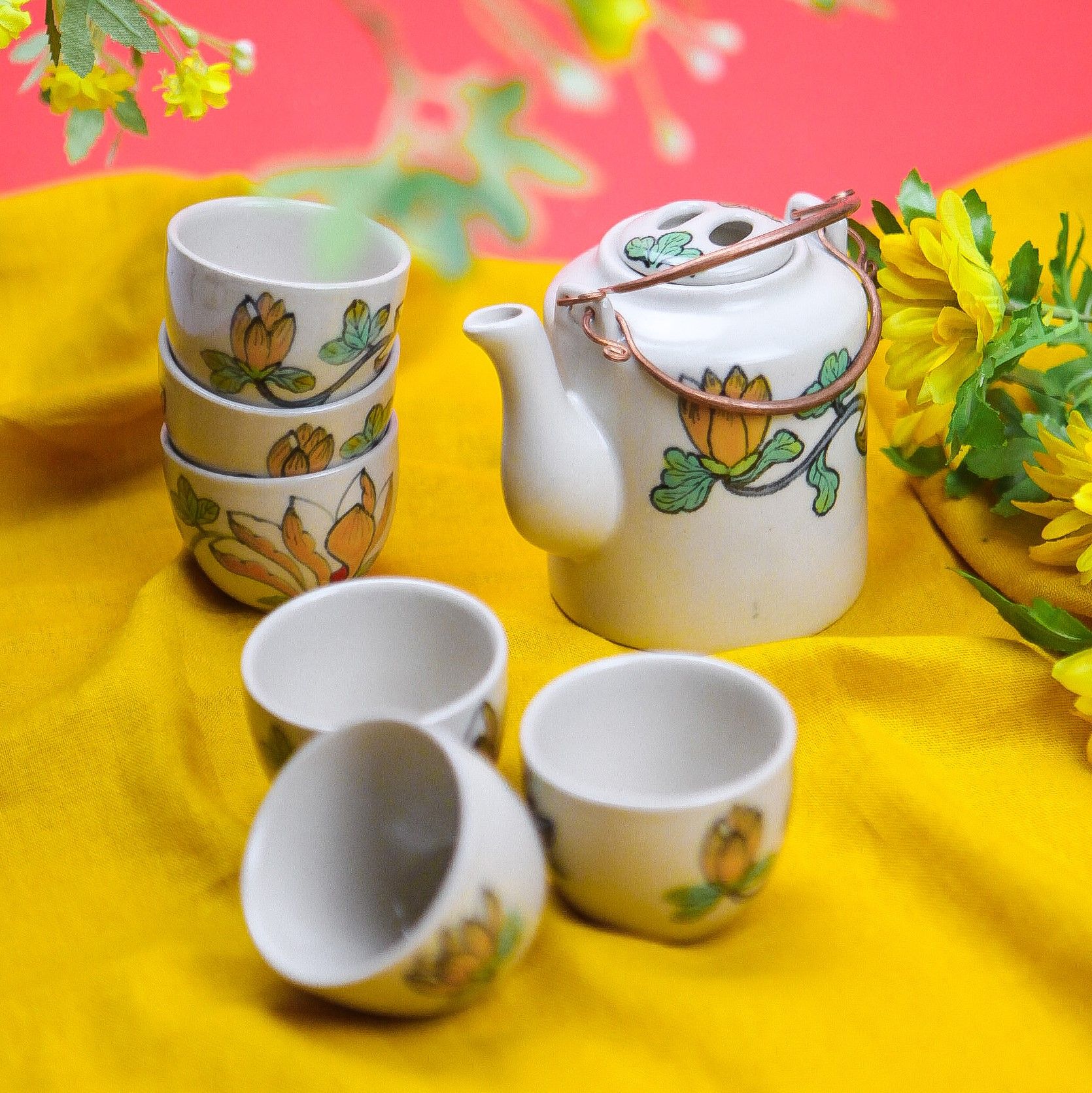 Bộ bình trà hoa gạo vàng Bát Tràng