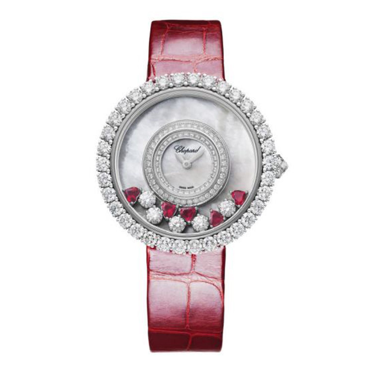 Chopard Happy Diamond Full Diamond - Rubies White Gold Red Leather Strap 36mm