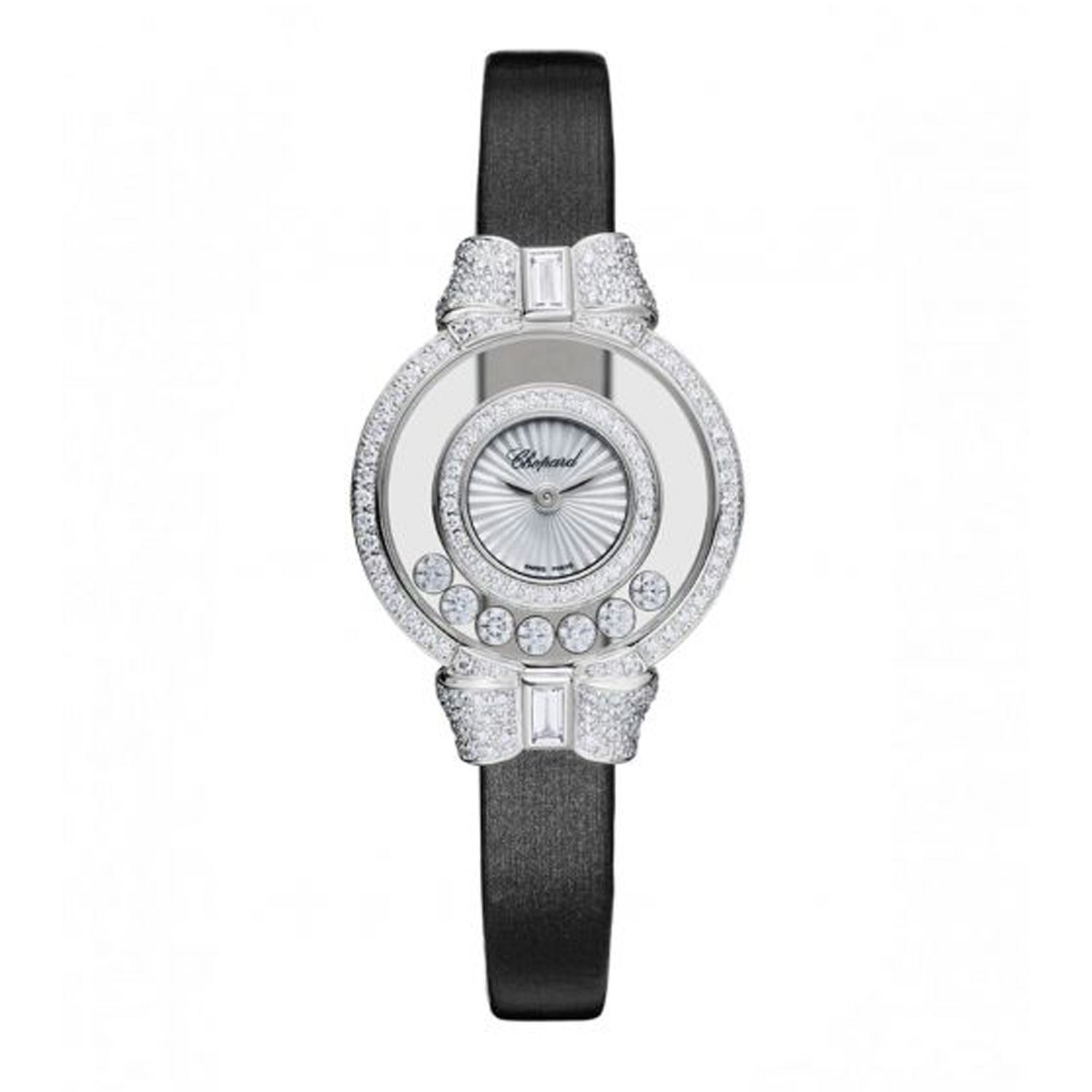 Chopard Happy Diamond Bow Tie Full Diamond White Gold Black Leather Strap 26mm